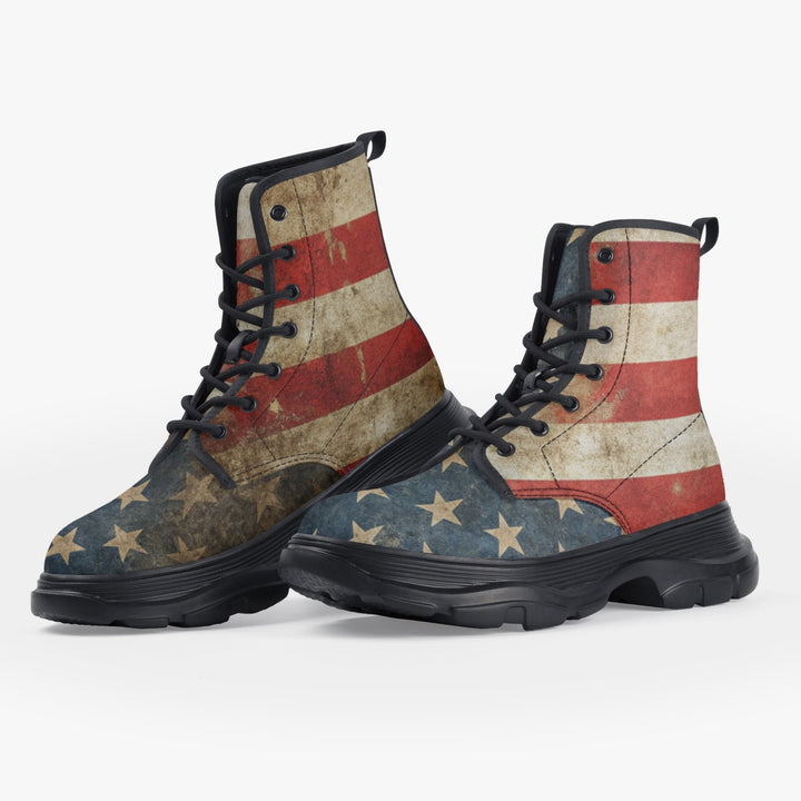 Pair of unisex chunky boots with a distressed USA flag design, featuring eco-friendly PU leather upper, waterproof fabric, and durable rubber soles, ideal for outdoor adventures and daily wear., uniquestride.com