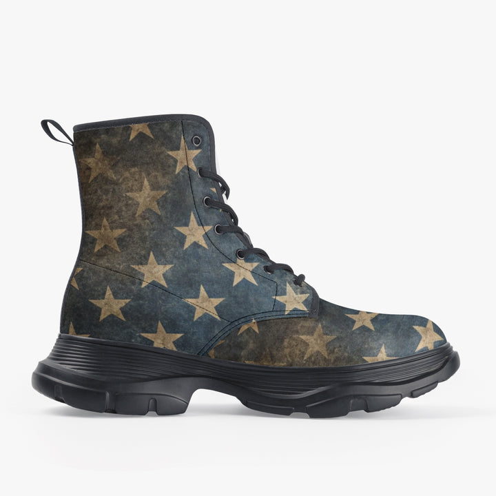 Pair of unisex chunky boots with a distressed USA flag design, featuring eco-friendly PU leather upper, waterproof fabric, and durable rubber soles, ideal for outdoor adventures and daily wear., uniquestride.com