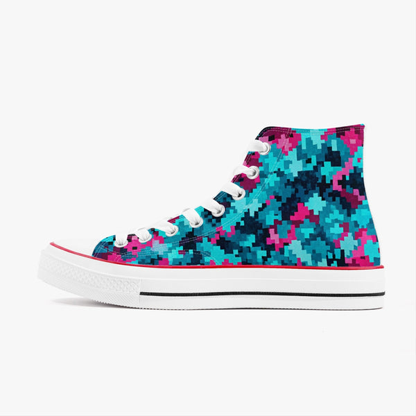 Vibrant Pixel Camo High-Top Canvas Sneakers – Unisex