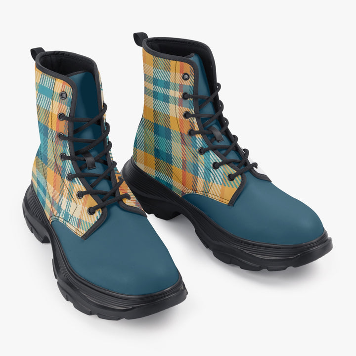 Unisex chunky boot featuring a vibrant multicolored plaid design, with a strength leather surface, eco-friendly PU leather upper, waterproof fabric, and durable rubber sole, ideal for daily wear and outdoor adventures.