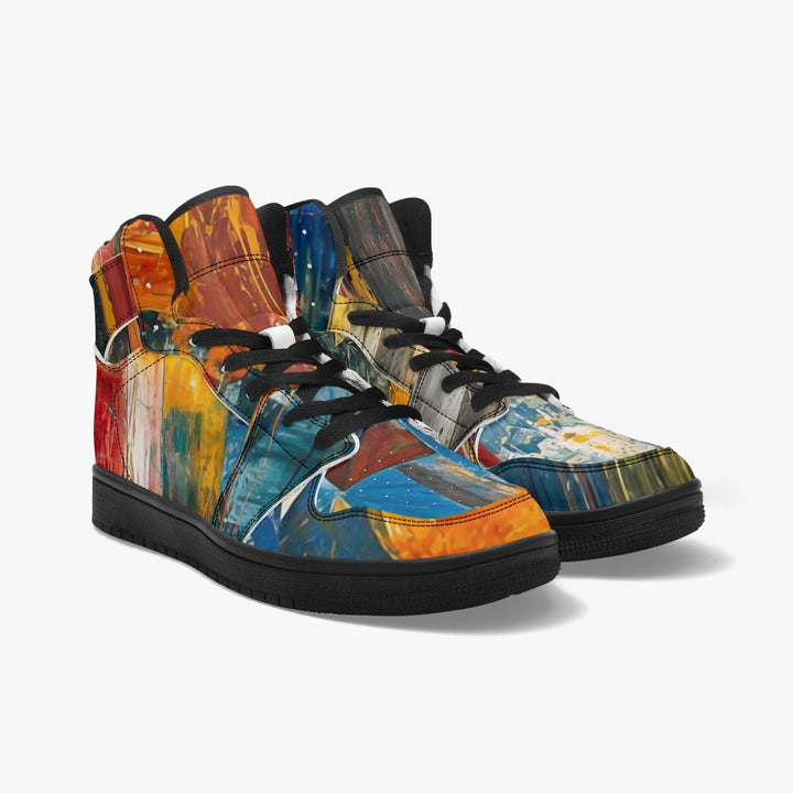 Vibrant Vibes High-Top Sneakers featuring a colorful and abstract artistic design. These unisex sneakers have a PU leather upper, cushioned EVA insoles, and a breathable mesh lining, with a black rubber sole for a modern look and good grip. Displayed against an urban backdrop, emphasizing their stylish and comfortable nature.