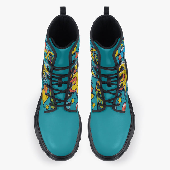 Unisex chunky boot with a vibrant pop art design featuring bold comic-style graphics and bright colors, crafted with eco-friendly PU leather, waterproof fabric, and durable rubber sole, ideal for expressive style and outdoor wear., uniquestride.com