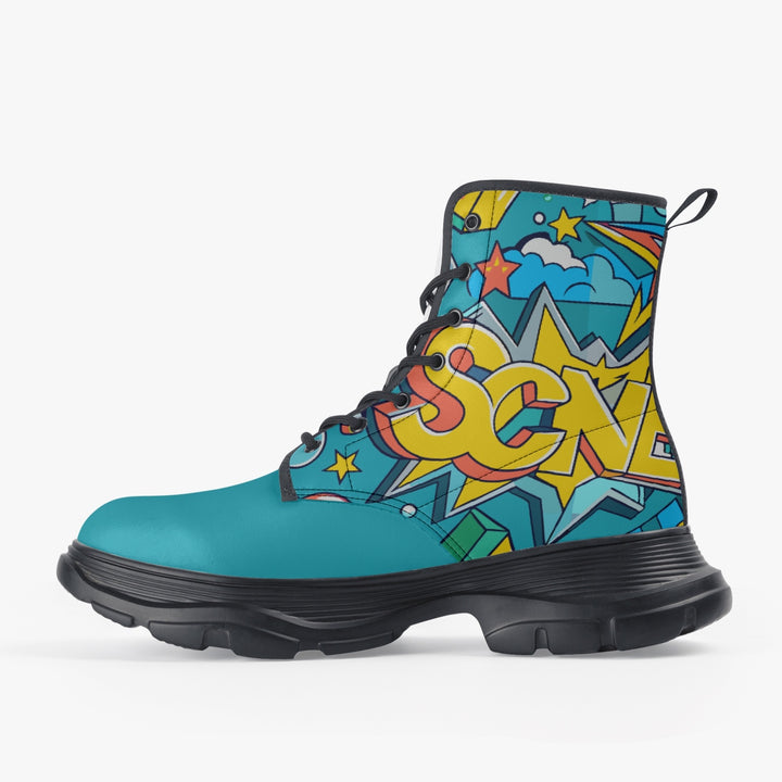 Unisex chunky boot with a vibrant pop art design featuring bold comic-style graphics and bright colors, crafted with eco-friendly PU leather, waterproof fabric, and durable rubber sole, ideal for expressive style and outdoor wear., uniquestride.com