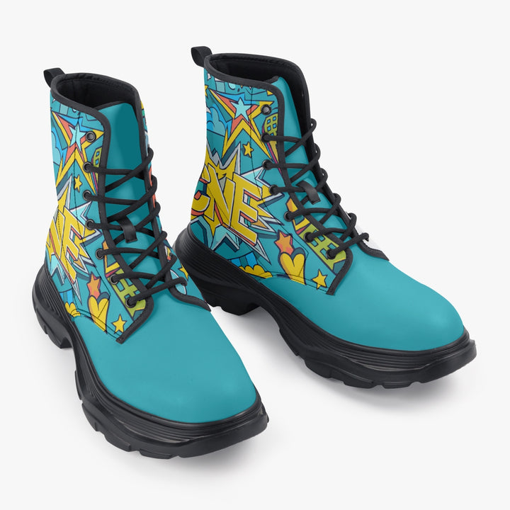 Unisex chunky boot with a vibrant pop art design featuring bold comic-style graphics and bright colors, crafted with eco-friendly PU leather, waterproof fabric, and durable rubber sole, ideal for expressive style and outdoor wear., uniquestride.com