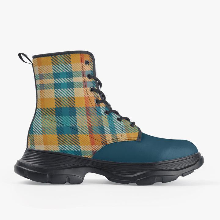 Unisex chunky boot featuring a vibrant multicolored plaid design, with a strength leather surface, eco-friendly PU leather upper, waterproof fabric, and durable rubber sole, ideal for daily wear and outdoor adventures.