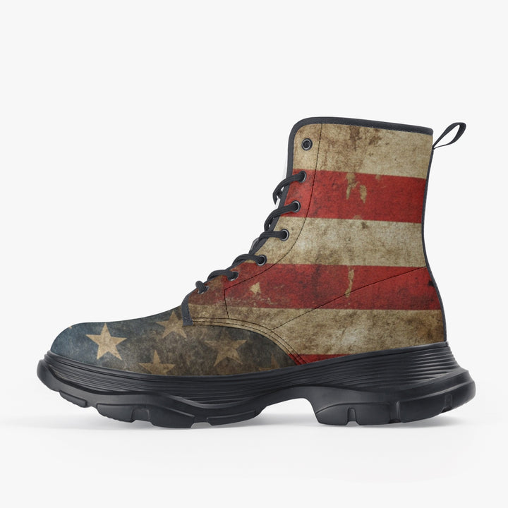 Pair of unisex chunky boots with a distressed USA flag design, featuring eco-friendly PU leather upper, waterproof fabric, and durable rubber soles, ideal for outdoor adventures and daily wear., uniquestride.com