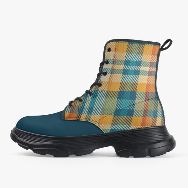 Unisex chunky boot featuring a vibrant multicolored plaid design, with a strength leather surface, eco-friendly PU leather upper, waterproof fabric, and durable rubber sole, ideal for daily wear and outdoor adventures.