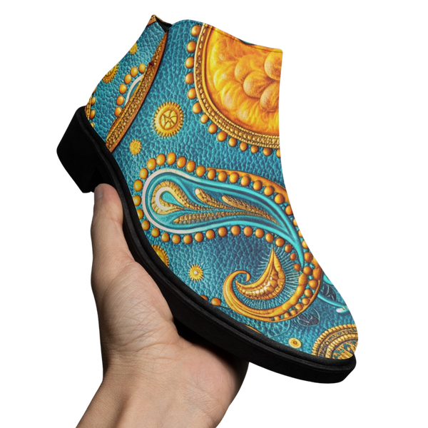 Hand holding a vibrant paisley-designed unisex boot with teal and golden hues, featuring a microfiber upper, slip-on fit with side zipper, and cushioned TPR outsole, ideal for stylish comfort, uniquestride.com