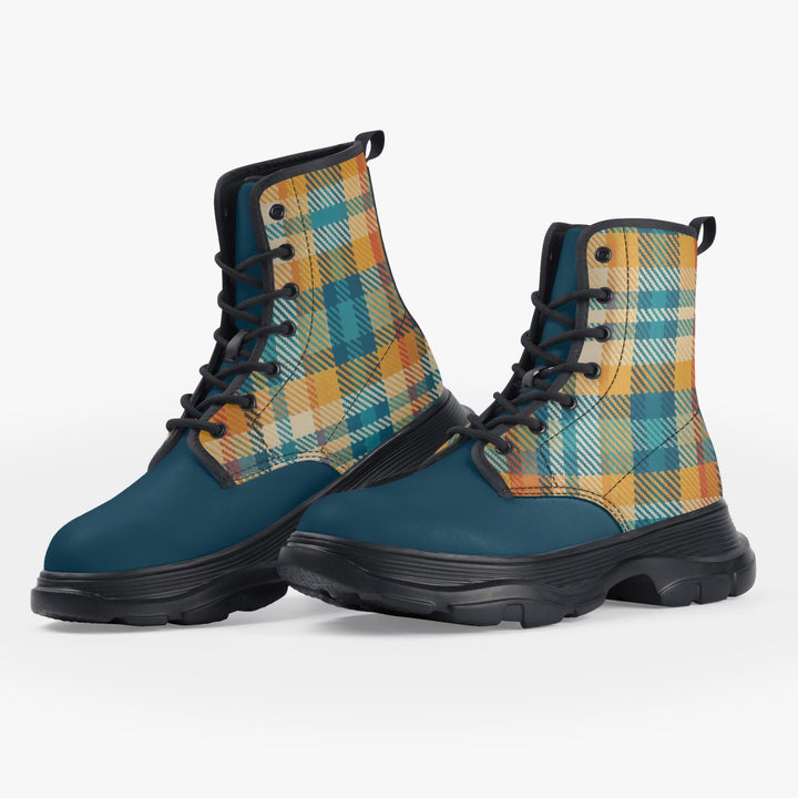 Unisex chunky boot featuring a vibrant multicolored plaid design, with a strength leather surface, eco-friendly PU leather upper, waterproof fabric, and durable rubber sole, ideal for daily wear and outdoor adventures.