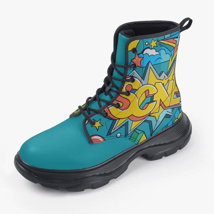 Unisex chunky boot with a vibrant pop art design featuring bold comic-style graphics and bright colors, crafted with eco-friendly PU leather, waterproof fabric, and durable rubber sole, ideal for expressive style and outdoor wear., uniquestride.com