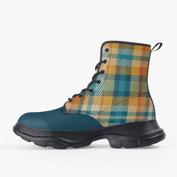 Unisex chunky boot featuring a vibrant multicolored plaid design, with a strength leather surface, eco-friendly PU leather upper, waterproof fabric, and durable rubber sole, ideal for daily wear and outdoor adventures.