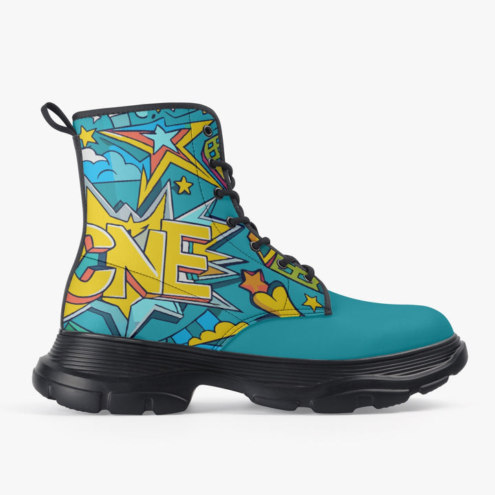 Unisex chunky boot with a vibrant pop art design featuring bold comic-style graphics and bright colors, crafted with eco-friendly PU leather, waterproof fabric, and durable rubber sole, ideal for expressive style and outdoor wear., uniquestride.com