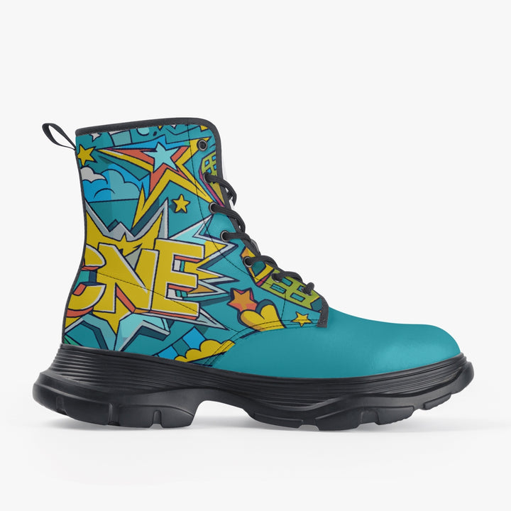 Unisex chunky boot with a vibrant pop art design featuring bold comic-style graphics and bright colors, crafted with eco-friendly PU leather, waterproof fabric, and durable rubber sole, ideal for expressive style and outdoor wear., uniquestride.com