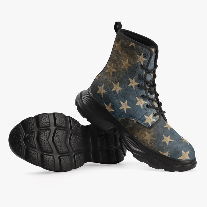 Pair of unisex chunky boots with a distressed USA flag design, featuring eco-friendly PU leather upper, waterproof fabric, and durable rubber soles, ideal for outdoor adventures and daily wear., uniquestride.com