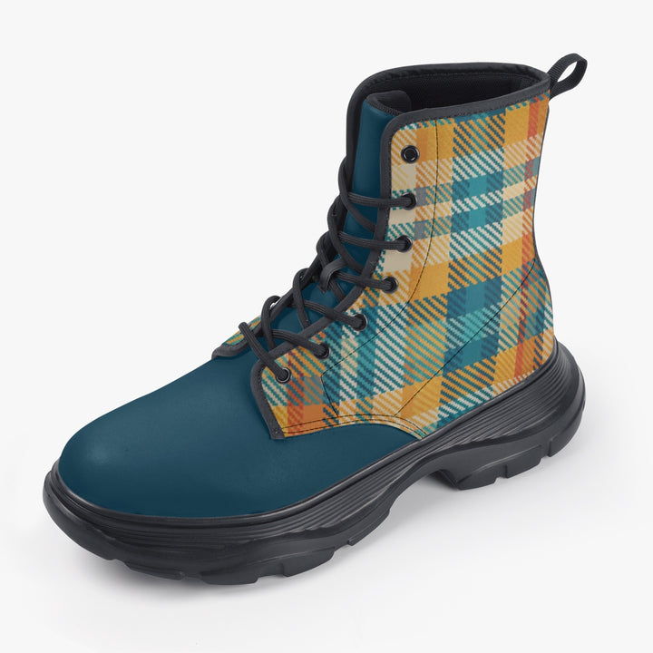 Unisex chunky boot featuring a vibrant multicolored plaid design, with a strength leather surface, eco-friendly PU leather upper, waterproof fabric, and durable rubber sole, ideal for daily wear and outdoor adventures.