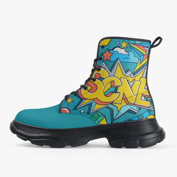 Unisex chunky boot with a vibrant pop art design featuring bold comic-style graphics and bright colors, crafted with eco-friendly PU leather, waterproof fabric, and durable rubber sole, ideal for expressive style and outdoor wear., uniquestride.com